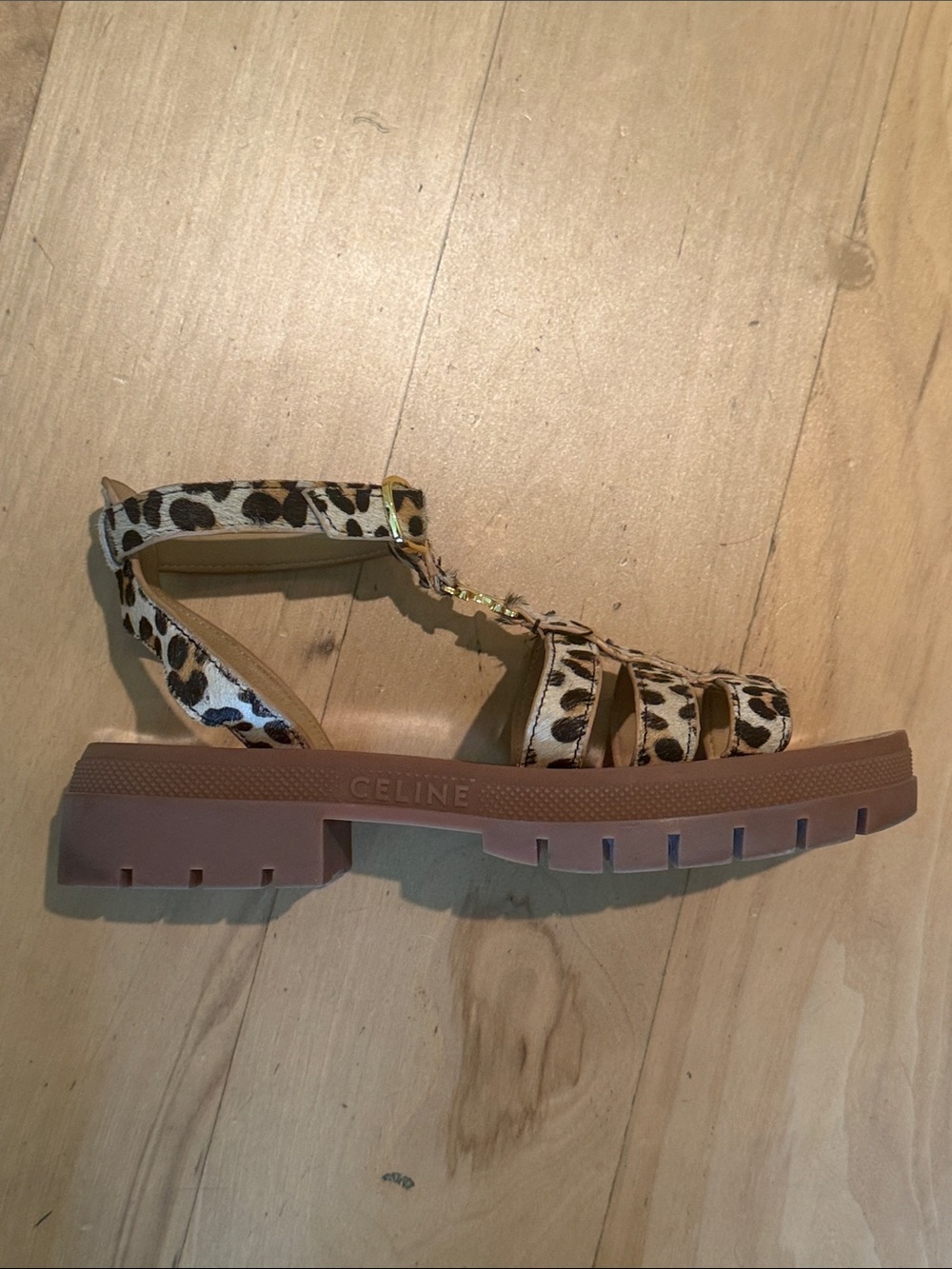 Celine Triomphe Leopard Print Strap Sandal - Tan & Black, size 10US